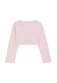 Rosa gestrickter, kürzer geschnittener Pullover mit langen Ärmeln, der einen gewellten Saum und eine glatte Textur aufweist. Die Rückansicht zeigt ein einfaches, sauberes Design.