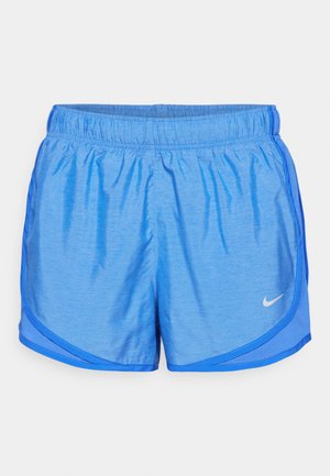 Blue athletic shorts with an elastic waistband, lightweight fabric, curved hem, and contrasting side panel detail. Nike logo on lower left.