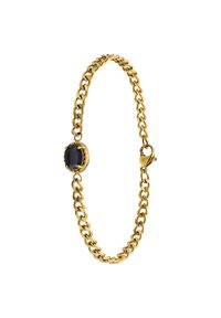 Gouden schakelarmband met een ovale zwarte steen, gladde schakels en een haaksluiting. Het ontwerp is eenvoudig en elegant.