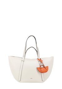 Light beige leather tote bag with two black handles, featuring a small orange pouch attached. Textured surface and minimal hardware accents.