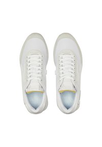 White athletic shoes with a mesh and synthetic upper, round toe, laces, padded collar, and textured sole in contrasting soft blue and yellow accents.