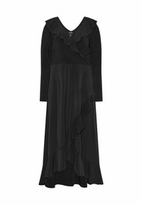 Czarna sukienka z długimi rękawami, dekoltem w kształcie litery V i falbaniastymi akcentami. Wykonana z gładkiego materiału, ma asymetryczne warstwowe falbany z przodu.