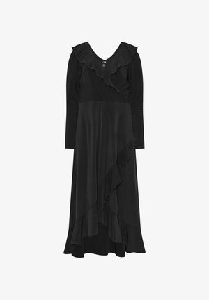 Schwarzes Kleid mit langen Ärmeln, V-Ausschnitt und Rüschendetails. Hergestellt aus einem glatten Stoff, zeigt asymmetrische, gestufte Rüschen entlang der Vorderseite.