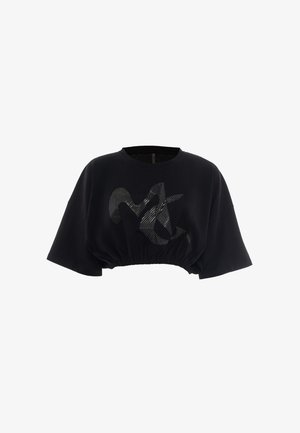 Black cropped t-shirt with wide sleeves, elastic hem, and abstract shiny black graphic on the front.