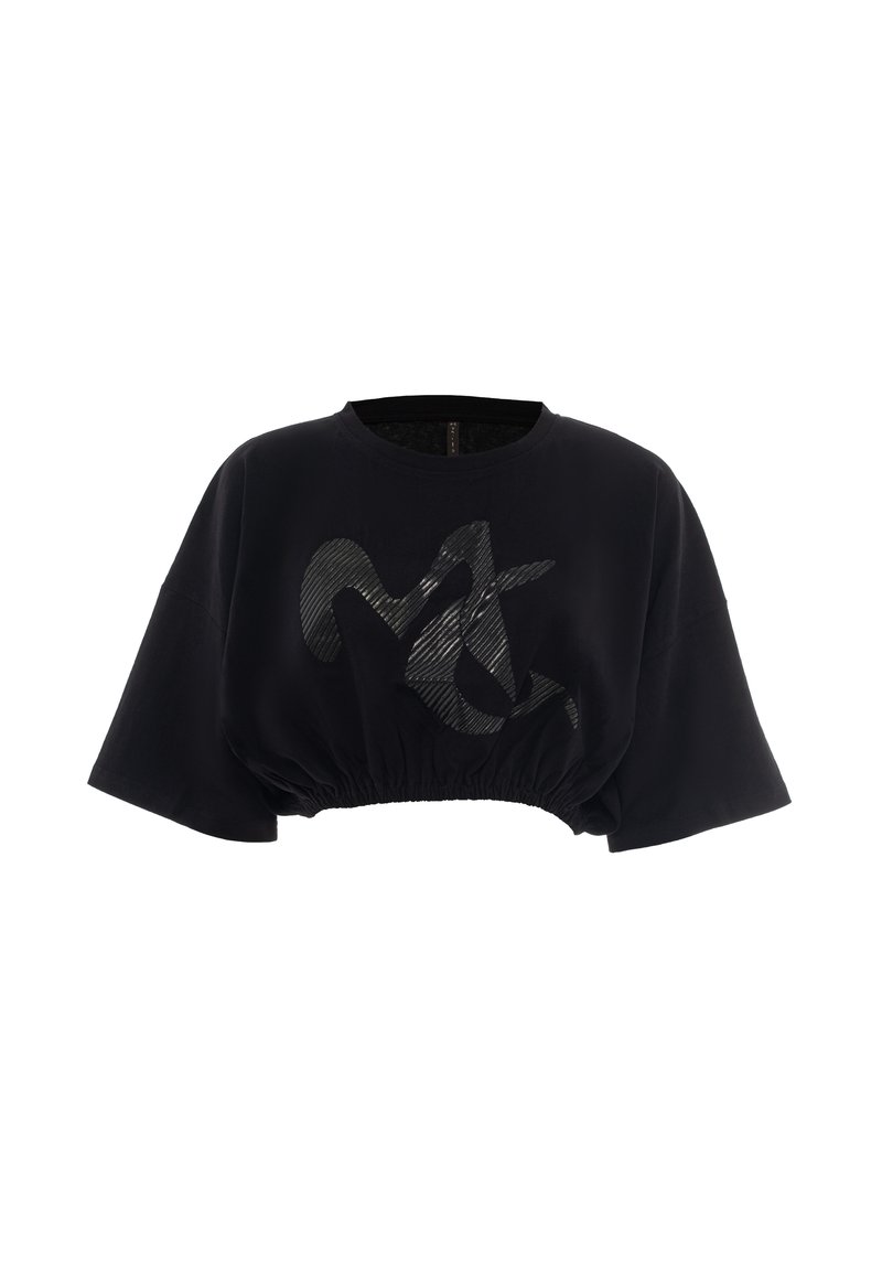 T-shirt noir raccourci avec des manches larges, ourlet élastique et un graphique abstrait noir brillant sur le devant.