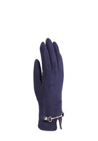 Guanto in suede blu navy con un design elegante, texture liscia e un accento in metallo dorato al polso per una vestibilità regolabile.