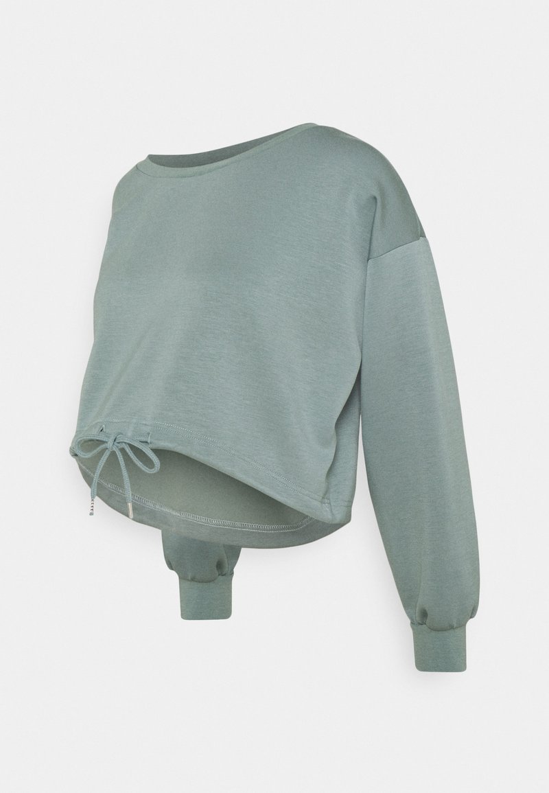Sweat-shirt court vert clair à manches longues avec encolure ronde et cordon de serrage ajustable à l'ourlet sur fond uni.