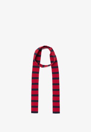 Gestreepte sjaal in rood en marineblauw, gemaakt van zacht stof. Lang en smal ontwerp, met afwisselend horizontale strepen. Glad textuur.