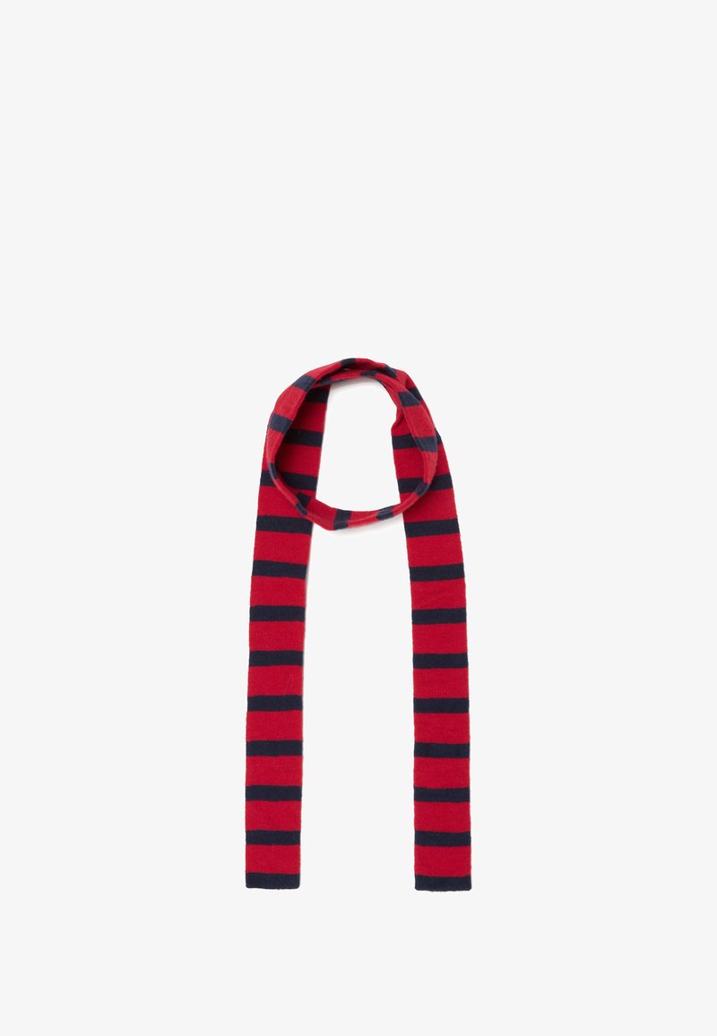 Sciarpa a righe in rosso e blu navy, realizzata in tessuto morbido. Design lungo e stretto, con righe orizzontali alternate. Texture liscia.