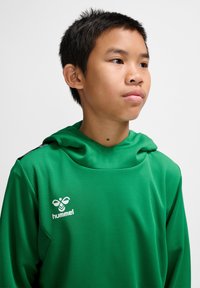 Grøn atletisk hoodie med et tekstureret stof, der har hætte, sorte accenter på skuldrene og et hvidt logo på brystet.