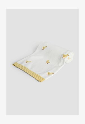 Knitted blanket in white with yellow ribbed trim, featuring small embroidered ducks in various positions across the surface.