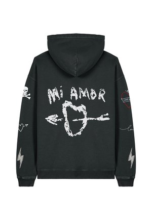 MI AMOR TATTOO BACK EMBROIDERY UNISEX VINTAGE HOODIE - Sweat à capuche - black denim