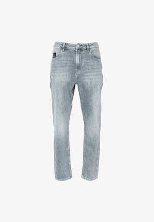 Heled sinise hõbedalehene denim teksad, millel on sirge lõige, kontrastõmblused, viis taskut ja nööbiga sulgemine taljes.