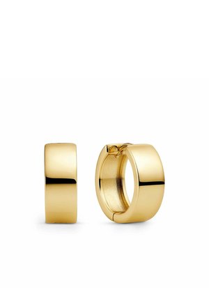 Par af polerede guldringeøreringe, hvor den ene viser den glatte yderside, og den anden er åben for at afsløre lukningsmekanismen.