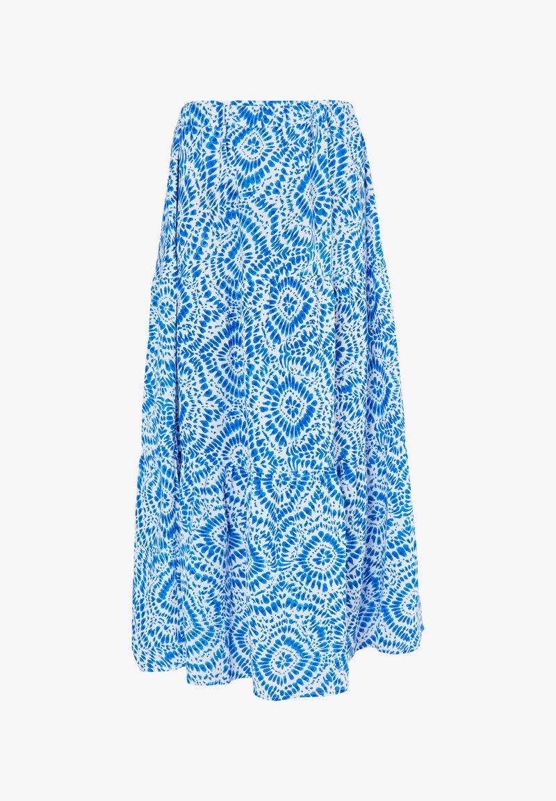 Blauw-wit tie-dye patroon enkellange rok met een losse, vloeiende, gelaagde uitstraling.