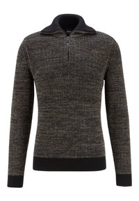 Stickad tröja med kvartdragkedja i mörka nyanser med ett strukturerat mönster. Har en svart krage samt ribbade muddar och fåll för en åtsittande look.