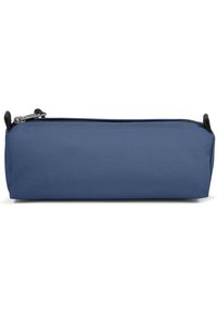 Pencil case blu in tessuto testurizzato, di forma cilindrica con chiusura a zip, caratterizzato da una zip nera e un tirante.