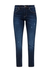 Jean en denim bleu foncé avec une coupe ajustée, présentant un léger vieillissement et cinq poches. Le tissu a une texture lisse avec un léger éclat.