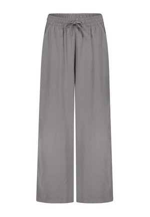 Graue weit geschnittene Hose aus leichtem Stoff, mit einem elastischen Bund und verstellbarem Kordelzug, der eine lockere Passform bietet.