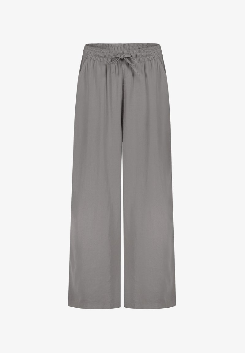 Gray wide-leg pants made from light fabric, featuring an elastic waistband and adjustable drawstring, providing a relaxed fit.