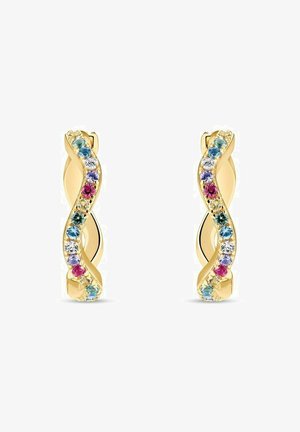 Guld snoede hoop øreringe med en række af flerfarvede ædelsten, herunder blå, teal, lilla, pink og klare krystaller langs den ene side.