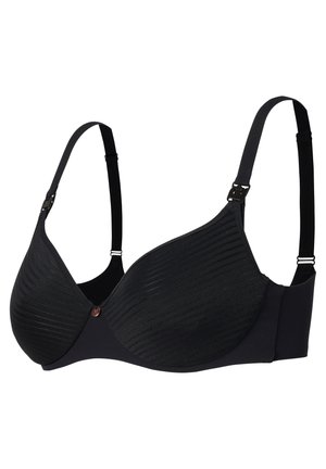 Czarny stanik z wyściełanymi, teksturowanymi miseczkami z poziomym żłobkowaniem, regulowanymi ramiączkami i gładkim pasem dolnym. W centralnej części znajduje się mały akcent logo.