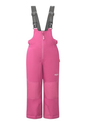 Children's waterproof pink snow pants with adjustable black suspenders and front zipper closure.