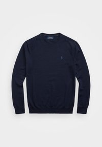 Pull bleu marine en tissu tricoté doux. Comprend un col rond, des manches longues, des poignets côtelés et un petit logo brodé sur la poitrine.