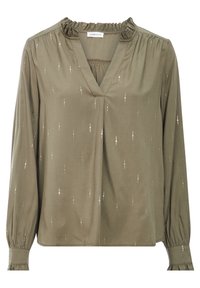 Blouse vert olive avec un col froncé, des manches longues et des accents métalliques verticaux. Tissu doux avec une coupe décontractée et des poignets élastiqués.
