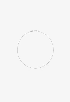 Collar de cadena de plata con pequeñas cuentas redondas, con un cierre seguro. Textura suave y forma circular, adecuado para superponer con otras joyas.