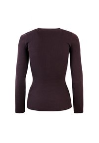 Top a maniche lunghe, aderente, in tessuto a coste di colore viola scuro. Presenta un collo a giro e un design delle maniche senza cuciture, che enfatizza una silhouette liscia.