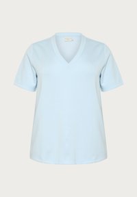 Lichtblauwe V-hals T-shirt van zacht katoen, met korte mouwen en een relaxte pasvorm met een rechte zoom.