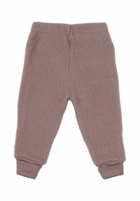 Gray-brown fleece pants with ribbed cuffs. Features elastic waistband and flat seam detailing. Soft texture without patterns or accents.