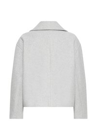 Veste en laine gris clair avec un large col, des manches longues et un dos droit légèrement court.
