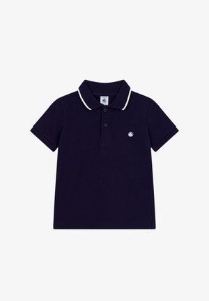 Navy blue short-sleeve polo shirt with white trim on collar, two buttons, and small white sailboat logo on the left chest.