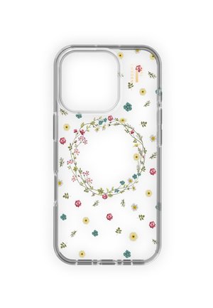 Funda de teléfono transparente con un patrón floral de pequeñas flores rosas, amarillas y azules y hojas verdes, dispuestas en forma de corona y diseño disperso.
