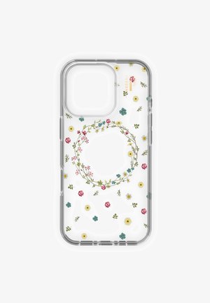Przezroczyste etui na telefon z kwiatowym wzorem małych różowych, żółtych i niebieskich kwiatów oraz zielonych liści ułożonych w wianek i rozmieszczonych swobodnie.