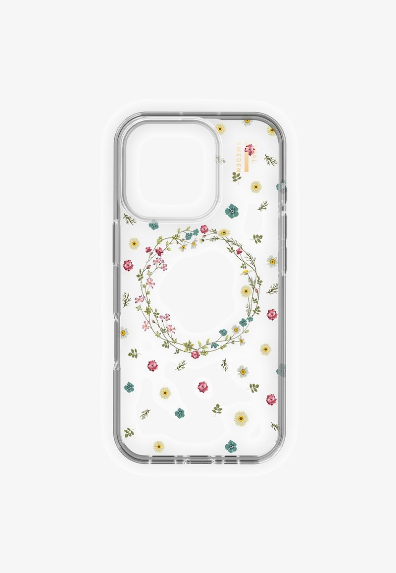 Coque de téléphone transparente avec un motif floral de petites fleurs roses, jaunes et bleues ainsi que des feuilles vertes, disposées en couronne et en design dispersé.
