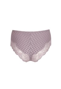 Culotte en mauve doux avec un motif à carreaux, ornée de dentelle aux bords festonnés et de détails floraux en dentelle pour une texture supplémentaire.