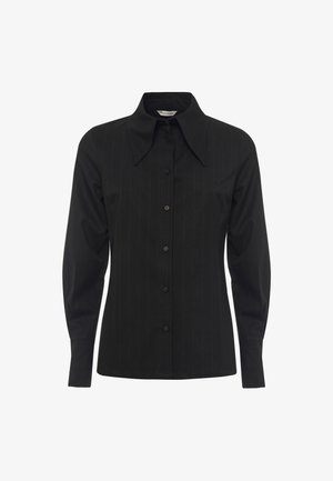 Black, long-sleeve shirt with a classic collar and vertical pinstripe pattern. Features a button closure and smooth fabric texture.
