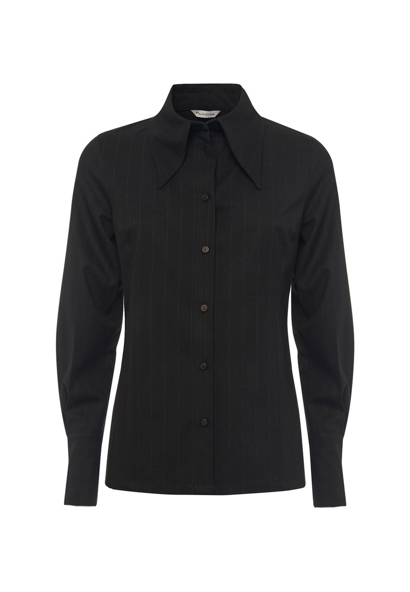 Camicione nero a maniche lunghe con colletto classico e motivo a righe verticali. Presenta una chiusura con bottoni e una texture di tessuto liscia.