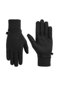 Zwarte handschoenen van een glad, rekbaar materiaal. Beschikt over een textuur voor grip op de handpalmen, versterkte manchetten en een logo op de achterkant.