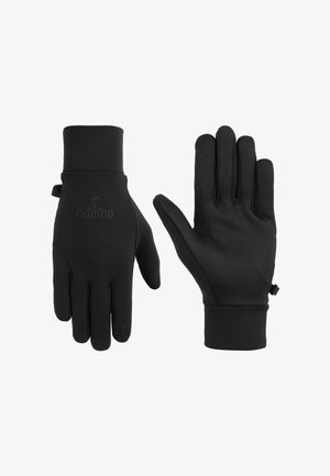 Zwarte handschoenen van een glad, rekbaar materiaal. Beschikt over een textuur voor grip op de handpalmen, versterkte manchetten en een logo op de achterkant.