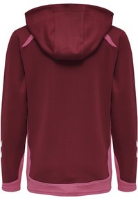 Sudadera deportiva marrón con acabado texturizado, con detalles en rosa en los laterales y la capucha. Detalle del logotipo en blanco en las mangas.
