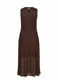 Robe en dentelle marron foncé sans manches avec un corsage ajusté, une légère évasement à l'ourlet et une petite ouverture en forme de trou de serrure au dos de l'encolure.