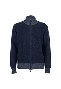 Maglione zip-up blu navy con colletto alto e polsini a coste. Tessuto testurizzato con un motivo sottile, fascia in vita di colore chiaro a contrasto.