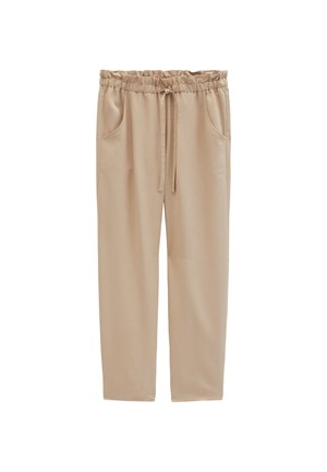 Beige loose-fit pants with elastic waistband and drawstring, featuring side pockets and straight legs.