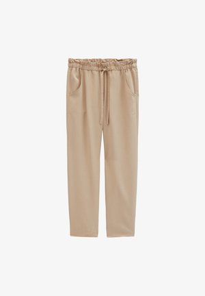 Beige losse broek met elastische tailleband en trekkoord, met zijzakken en rechte pijpen.