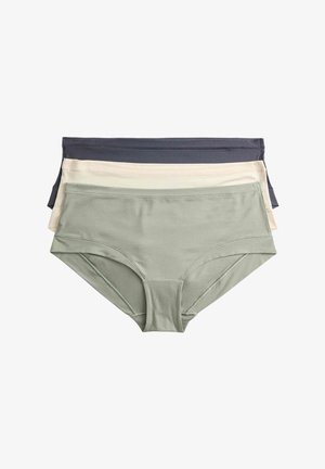 Fire par dameunderbukser i grøn, marineblå, beige og lys beige; bomuldsblanding; mellemhøjtaljede med bløde elastiske taljebånd.