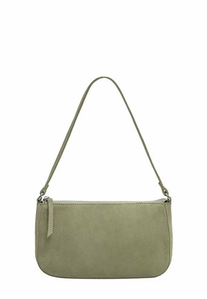 Kleine olijfgroene suède handtas met een enkele schouderriem en een bovenritssluiting op een witte achtergrond.